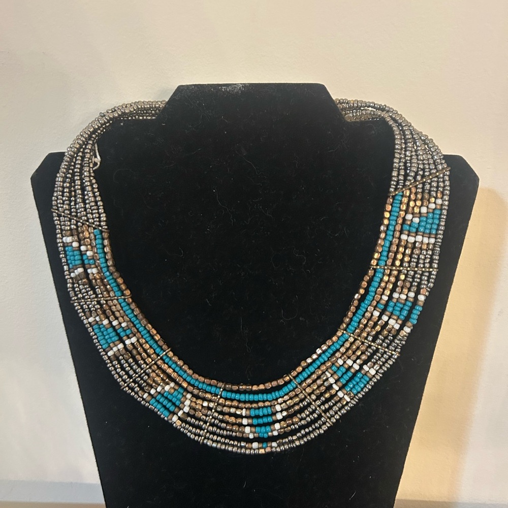 Multi-strand Waterfall Layered Seed Bead Silver/Tourquoise Necklace